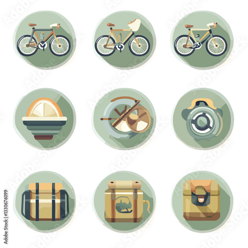 Flat Design Vector Set of Bicycle Tour Equipment, Bikes, and Camping Gear