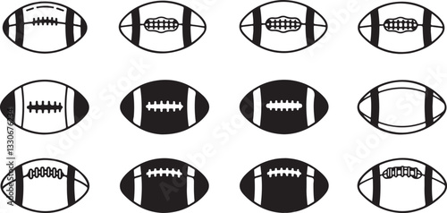 American Football Set Icons, Black Silhouette Vector Illustration of a Football, Ball Set on white background.
