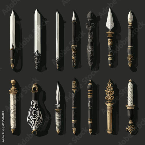 Collection of ornate medieval daggers and ceremonial knives with detail