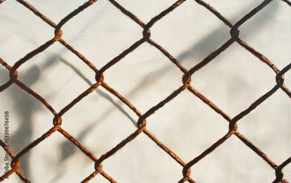 Fototapeta premium Rusty Wire Mesh Fence Against White Background