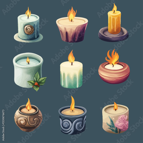 Assorted decorative candles with flickering flames on a solid background
