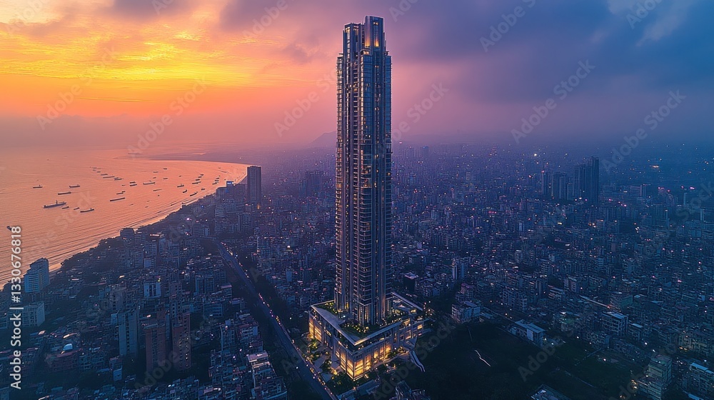 Obraz premium Majestic Skyscraper at Sunset Over Mumbai's Coastline