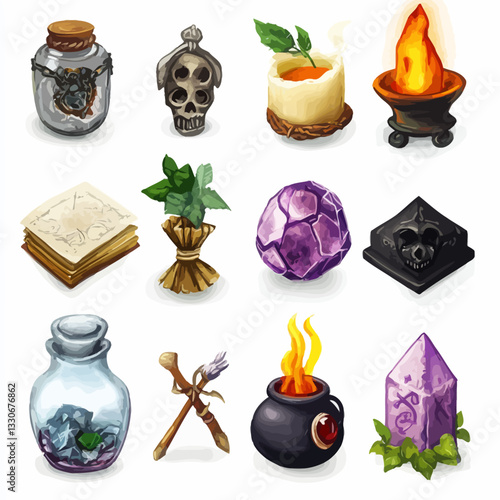 Assorted magical objects including potions, crystals, candles, and spellbook