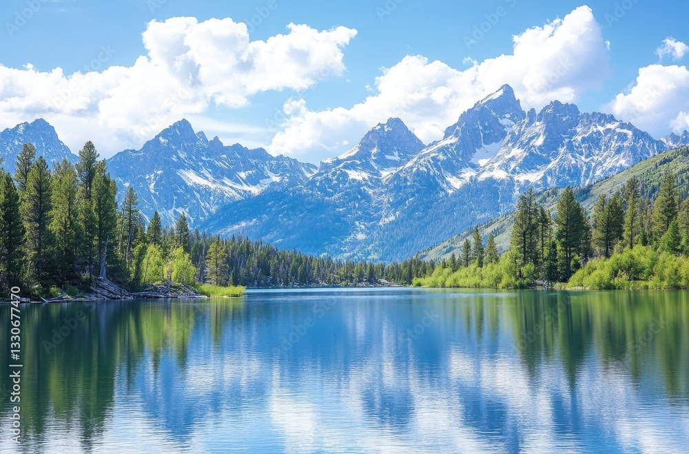 Majestic Mountain Landscape Reflected in Tranquil Lake Surrounded by Lush Green Forests and Bright Blue Skies with Fluffy Clouds Majestic Mountain Landscape Reflected in Tranquil Lake Surrounded by Lush Green Forests and Bright Blue Skies with Fluffy Clouds