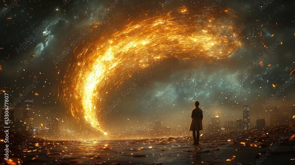 Celestial Inferno: A Solitary Figure Witnessing a Fiery Cosmic Event Over a Cityscape Celestial Inferno: A Solitary Figure Witnessing a Fiery Cosmic Event Over a Cityscape