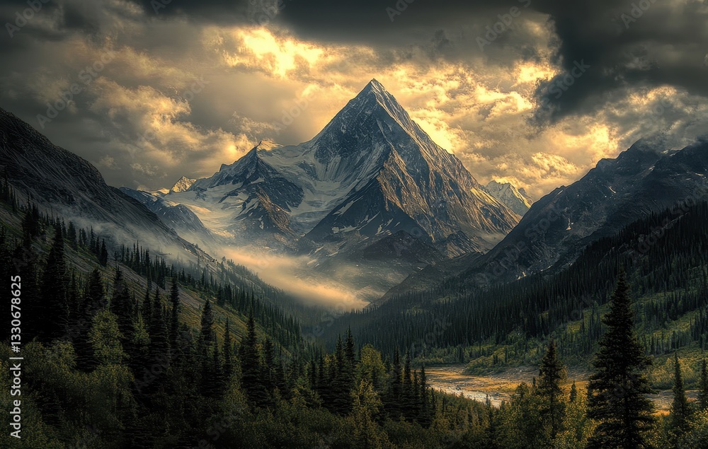 Obraz premium Majestic Mountain Landscape Under Dramatic Cloudy Sky with Sunlight Breaking Through and Lush Green Forests Surrounding a Serene Valley