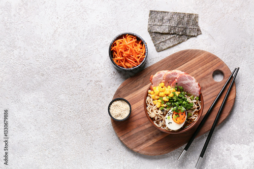 Bowl of ramen noodle soup w...