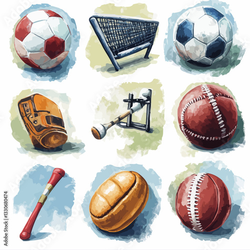 Watercolor Sports Equipment Set: Soccer, Baseball, Hurling, and Football