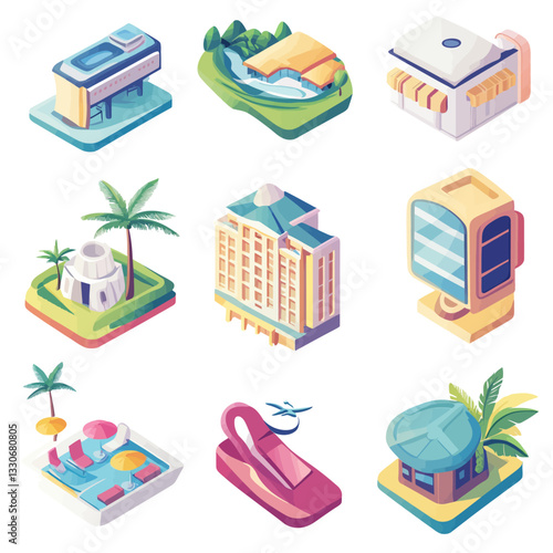 Isometric vector art of diverse hotels, resorts, and tourist attractions