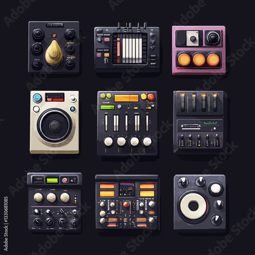 Assortment of Nine Diverse DJ Audio Mixer Consoles on a Dark Background