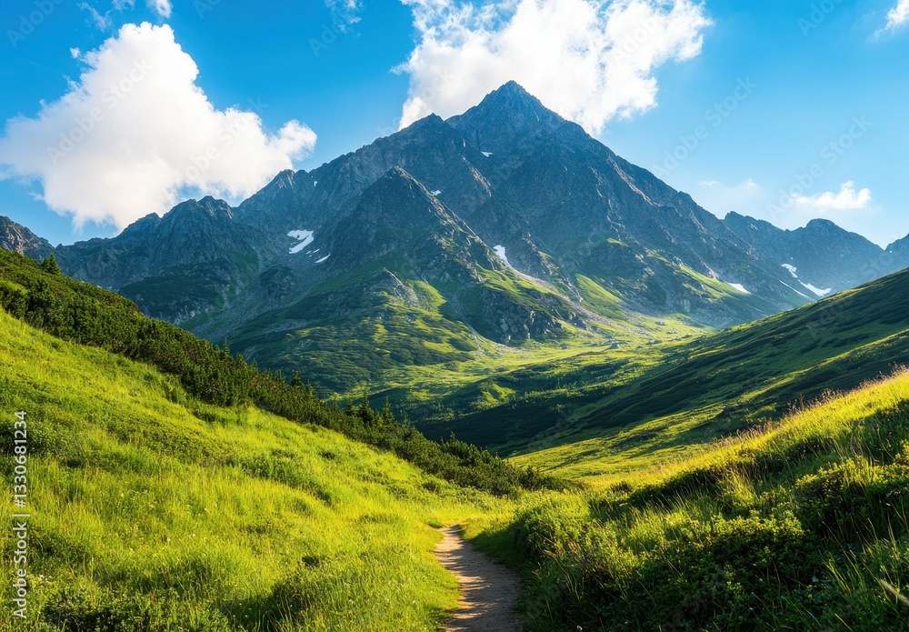 Fototapeta premium Majestic Mountain Landscape with Lush Green Valley and Bright Blue Sky Under Fluffy Clouds on a Sunny Day in a Serene Natural Environment