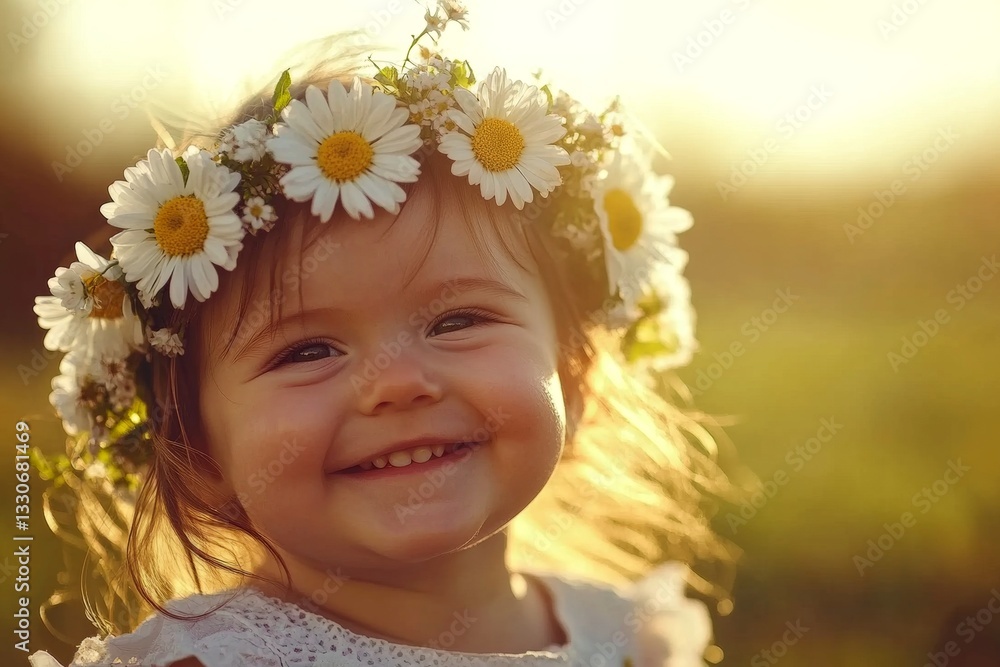 Early sunshine. Happy caucasian infant girl with brown hair wearing white flower circlet on her head. Happy sunny days pattern. Sunshine and flowers for kids. Summer adventure for kids. Early sunshine. Happy caucasian infant girl with brown hair wearing white flower circlet on her head. Happy sunny days pattern. Sunshine and flowers for kids. Summer adventure for kids.