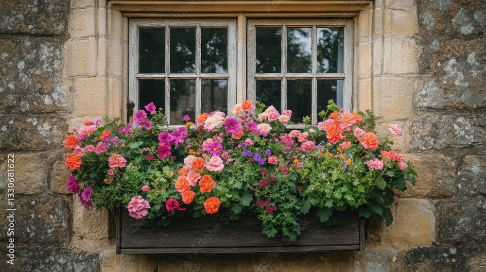 Ornate floral display in a stone wall window box Ornate floral display in a stone wall window box