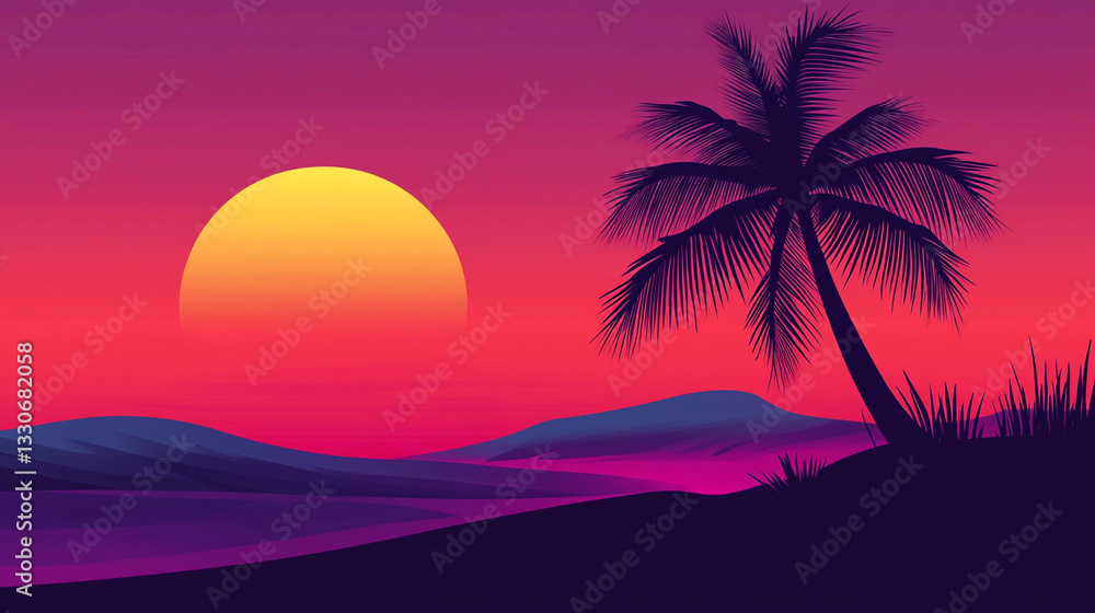 Silhouette Of A Palm Tree At Sunset With A Vibrant Sky Blending Shades Of Orange Purple And Pink Over A Calm Ocean