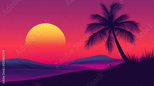 Obraz na płótnie Silhouette Of A Palm Tree At Sunset With A Vibrant Sky Blending Shades Of Orange Purple And Pink Over A Calm Ocean
w salonie