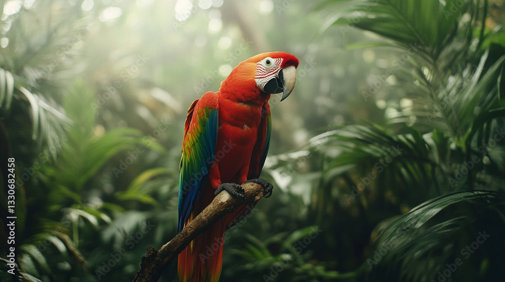 red and yellow macaw parrot bird sit on a bench of tree on a forest background.