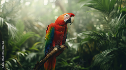 red and yellow macaw parrot bird sit on a bench of tree on a forest background.