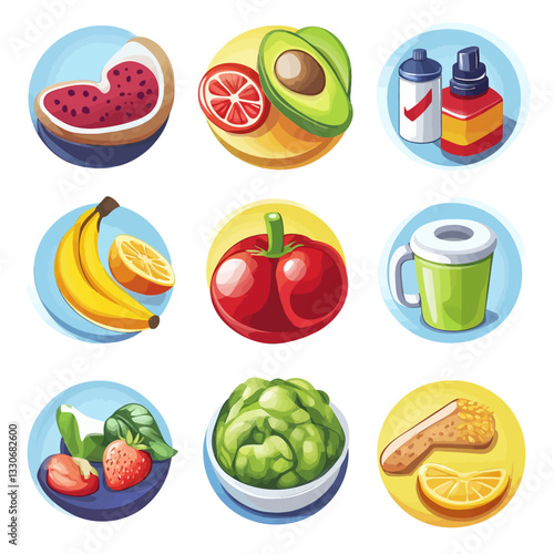 Healthy Food Icon Set with Fruits Vegetables & Beverages