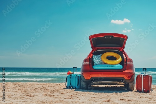 Fototapeta Naklejka Na Ścianę i Meble -  Red car parked on the beach ready for summer vacation
