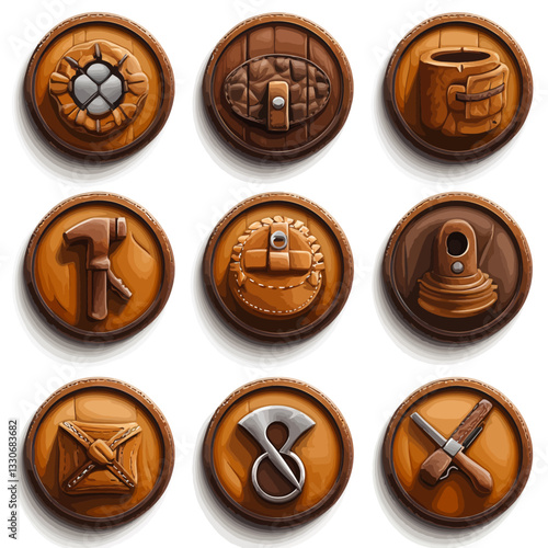 Leathercraft Tool Icon Set on Wood Medallions - Craftsmanship Symbols Art