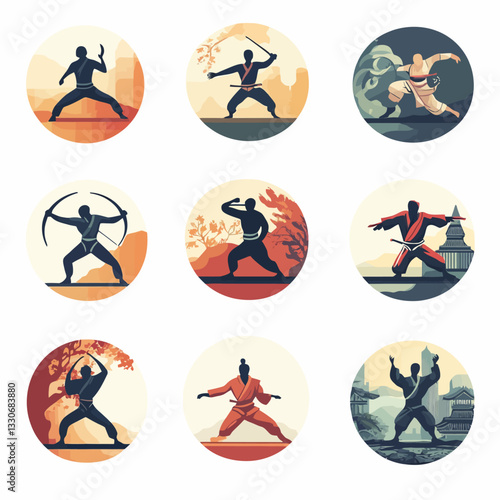 Nine martial art figures in silhouette against various backgrounds art