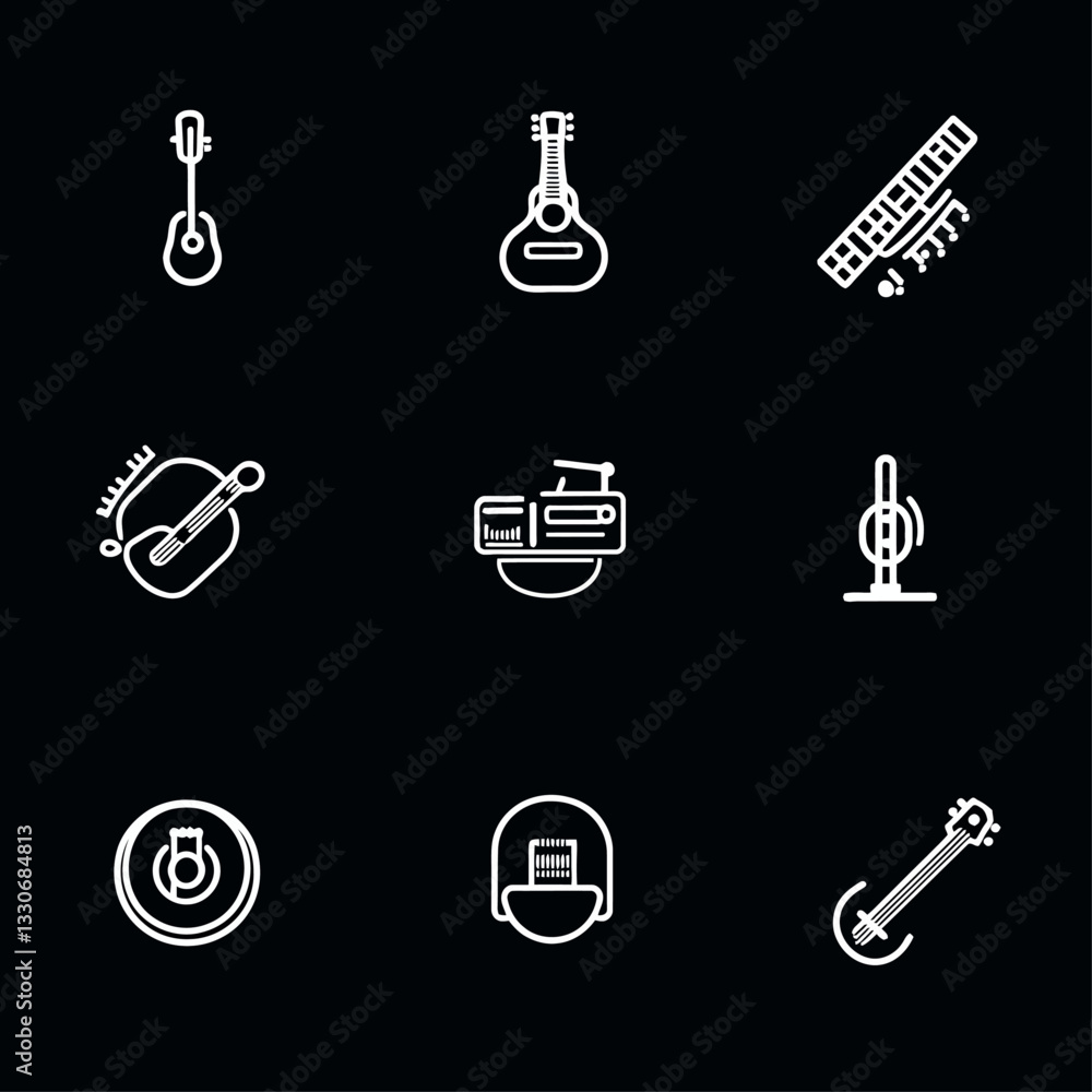 Fototapeta premium Stringed Musical Instruments in White Outline Iconography on Black Backdrop