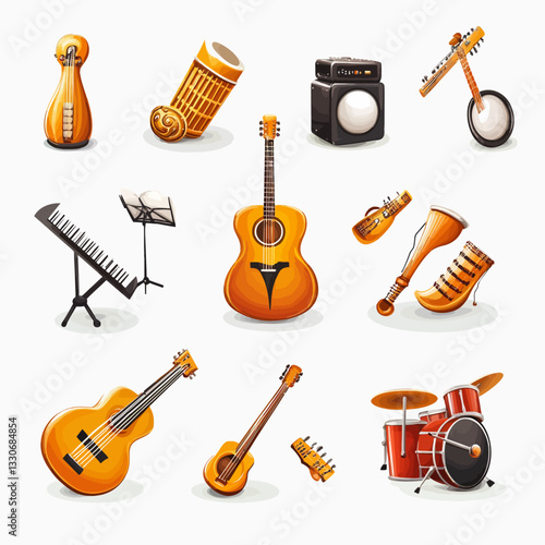 Assorted musical instruments - guitar, drums, keyboard, and traditional instruments