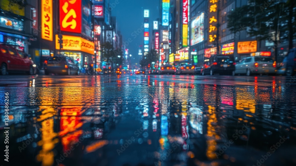 Obraz premium Neon Reflections in a Rainy Cityscape