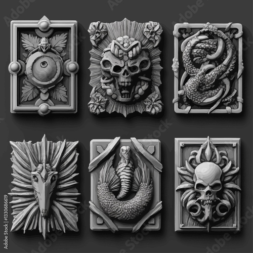 Gothic skull relief carving design elements horror fantasy stone art 3D