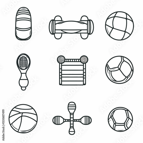 Black and white line art of a playground with sports equipment icons