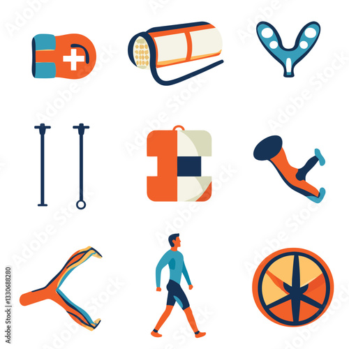 Physical therapy equipment and man walking for mobility illustration