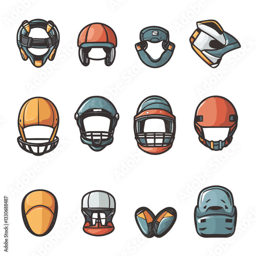 Collection of protective sport helmets for various sports and activities