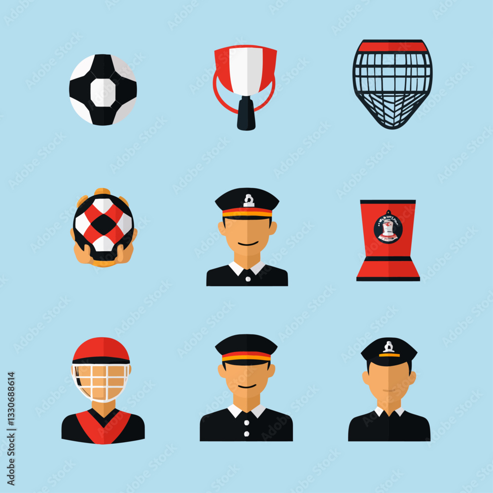 Soccer, hockey, and police symbols in flat design illustration style