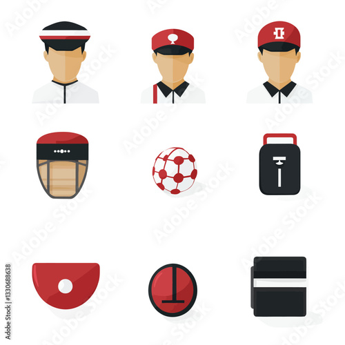 Sports Equipment and Uniform Icons on White Background, Vector Flat Design