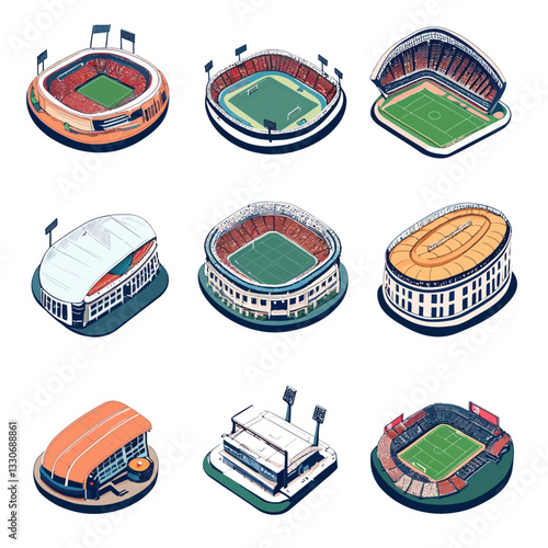 Isometric stadium collection showcasing sports venue architecture