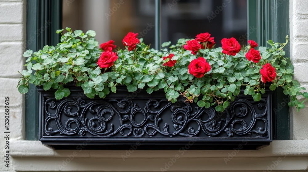 Fototapeta premium Ornate window box overflowing with vibrant red roses and lush green foliage