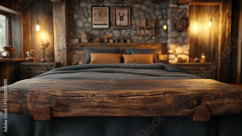 Wallpaper Mural Rustic cabin bedroom, warm and inviting.  Wooden bed with a dark gray comforter. Stone walls, natural light, and rustic decor add charm Torontodigital.ca