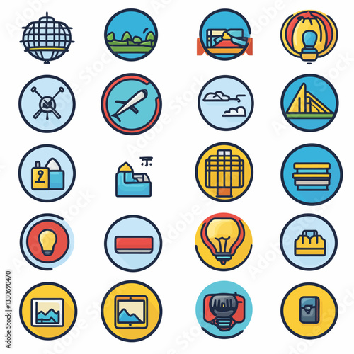 Icon Set Featuring Travel, Buildings, Landmarks, Education, and Concepts