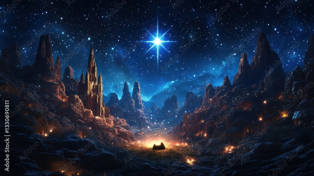 Fototapeta premium Starry Night, Mountain Valley, Spiritual Scene, Guiding Star
