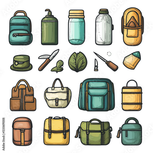 Illustrated camping gear: Backpacks, bottles, and knives arranged neatly