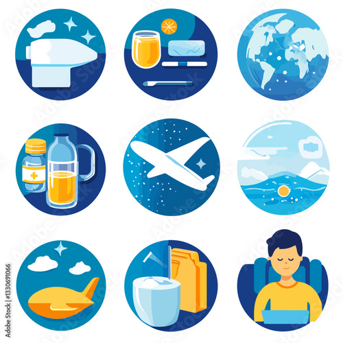 Airplane Travel Wellness Icons for Relaxation and Comfort Illustration