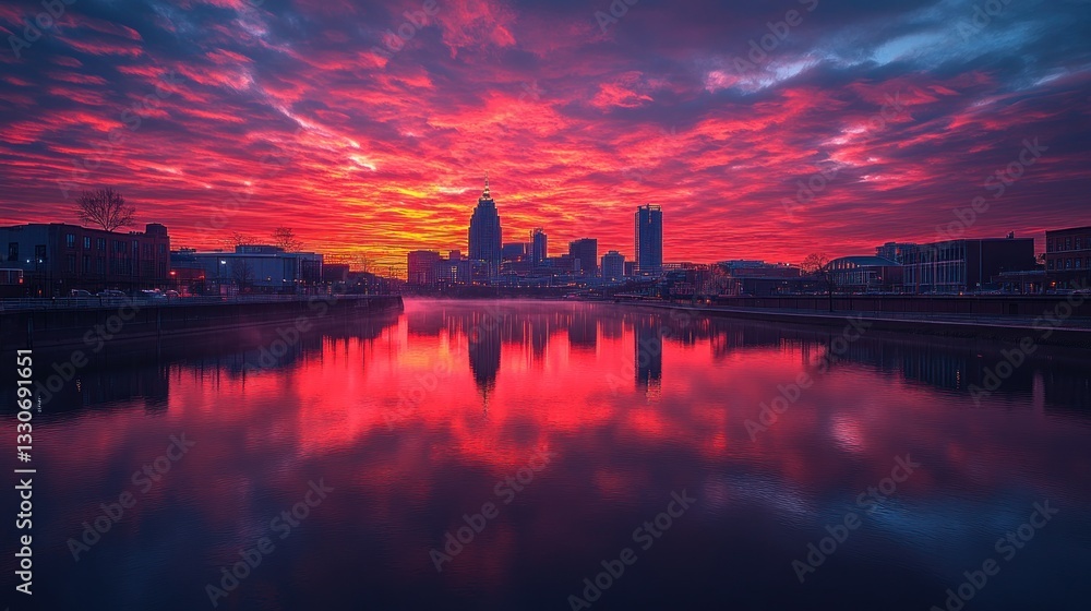 Naklejka premium Fiery Skyline Reflection: A Breathtaking Sunrise over Little Rock