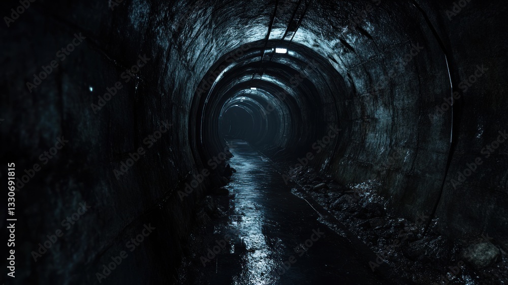Naklejka premium Dark Tunnel with Illuminated Pathway Leading to the Unknown