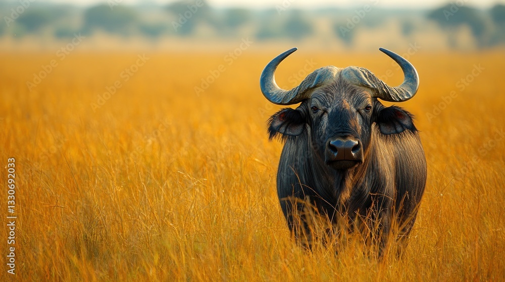 Majestic African Cape Buffalo in Golden Savannah Majestic African Cape Buffalo in Golden Savannah