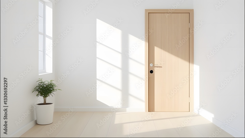 Fototapeta premium Minimalist Interior with Wooden Door and Potted Plant