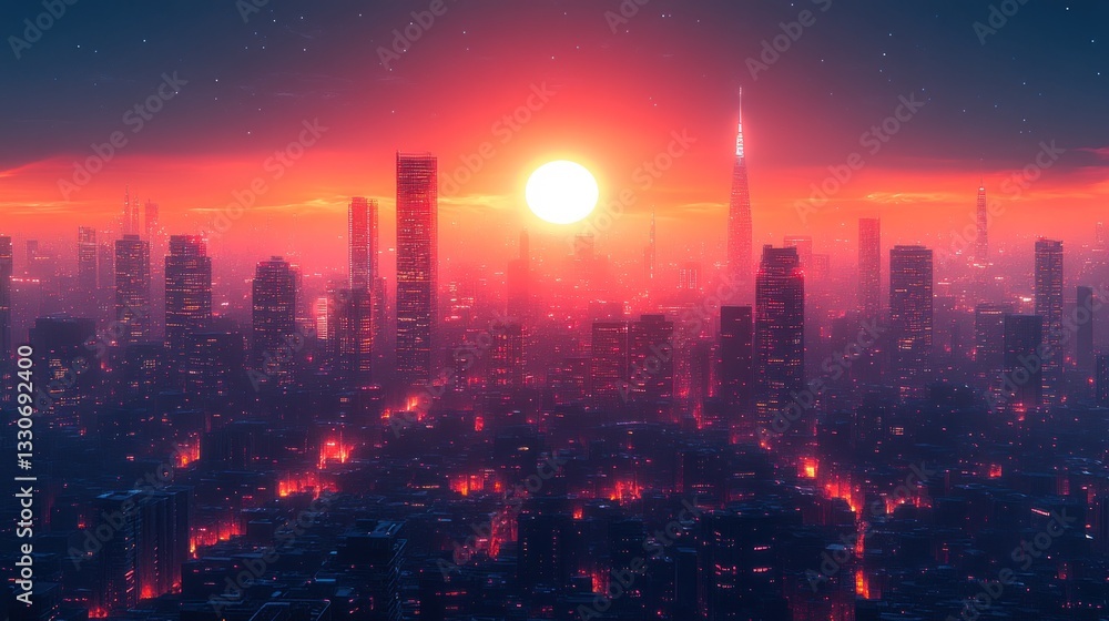 Fototapeta premium Crimson Cityscape: A Futuristic Metropolis at Sunset