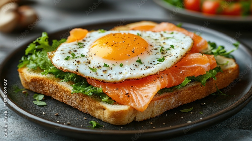Savory open-faced toast with fried egg and smoked salmon. Fresh, healthy, and delicious breakfast or brunch Savory open-faced toast with fried egg and smoked salmon. Fresh, healthy, and delicious breakfast or brunch