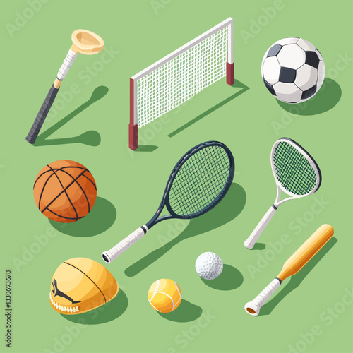 Isometric Sports Equipment: Balls, Racquets, and Bats on Green Surface