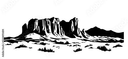 desert rock formation with mountains and sand black silhouette vector shape