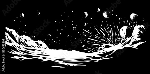 lunar landscape with asteroid impact black silhouette vector shape